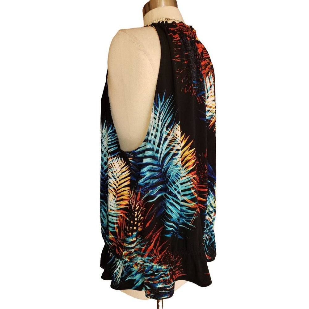 Worthington Womens XL Sleeveless Blouse Tropical Print Halter Ruffle Tank Boho - Picture 2 of 9